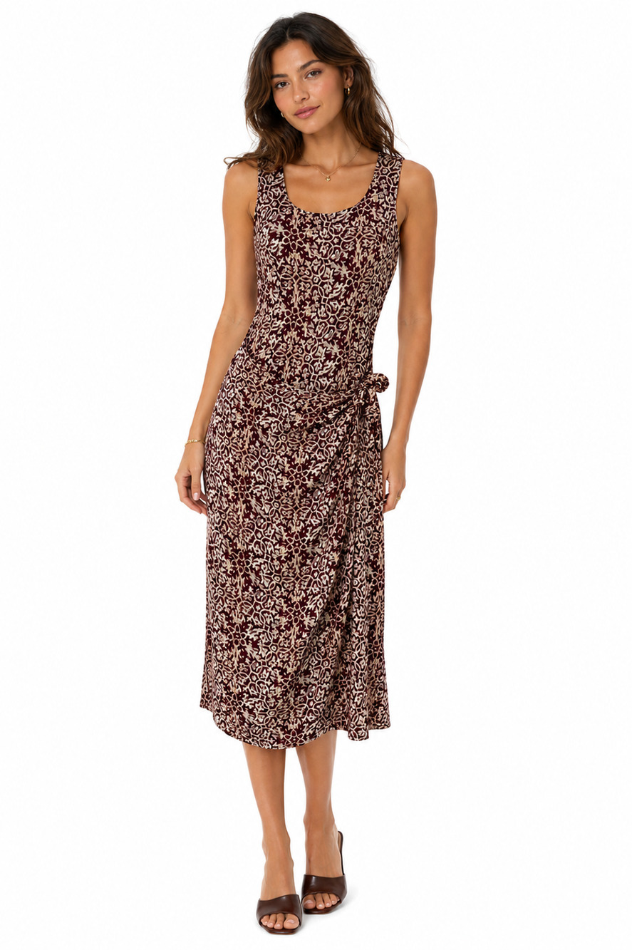 CDC Petites Womens 90s Y2K Sleeveless Burgundy Print Faux Wrap Midi Dress sz 8 P